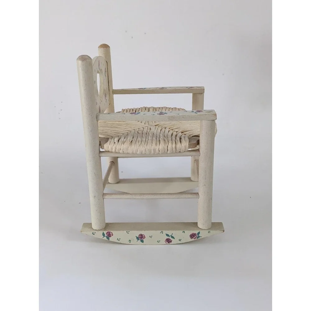 Vintage Miniature Wooden Rocking Chair Heart Cutout Rose Floral Woven Seat 8
